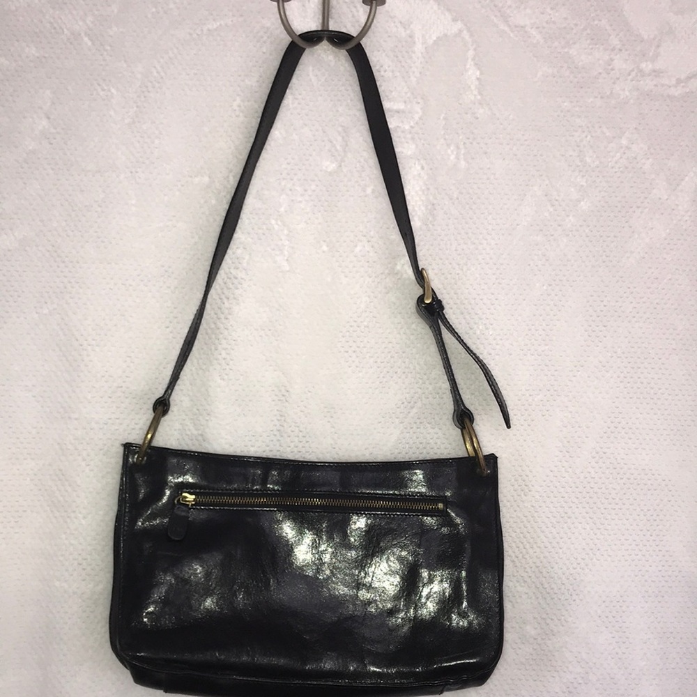 Monsac large three section black leather handbag.
